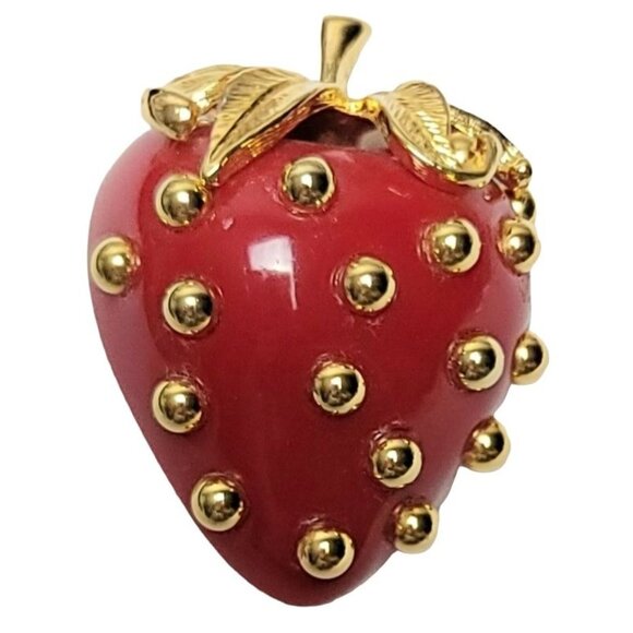 Kenneth Jay Lane Vintage Red Lucite Gold Tone Ballotini Strawberry Brooch Signed - Picture 9 of 9